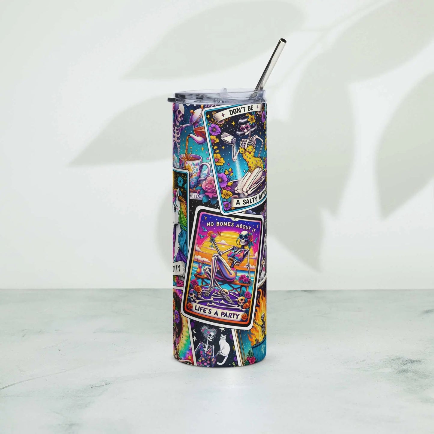 Colorful Tarot-themed stainless steel tumbler with straw.