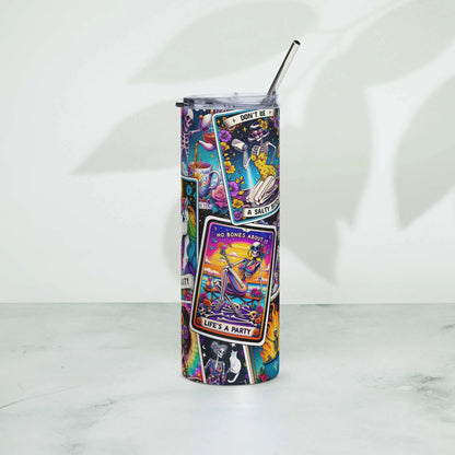 Colorful Tarot-themed stainless steel tumbler with straw.
