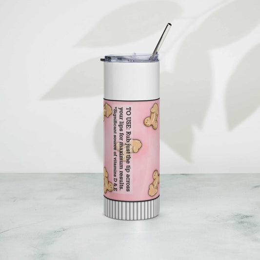 Stainless steel tumbler with metal straw and artistic design on white background.