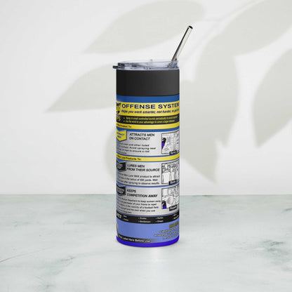 LAID Spray Can stainless steel tumbler with metal straw on table.