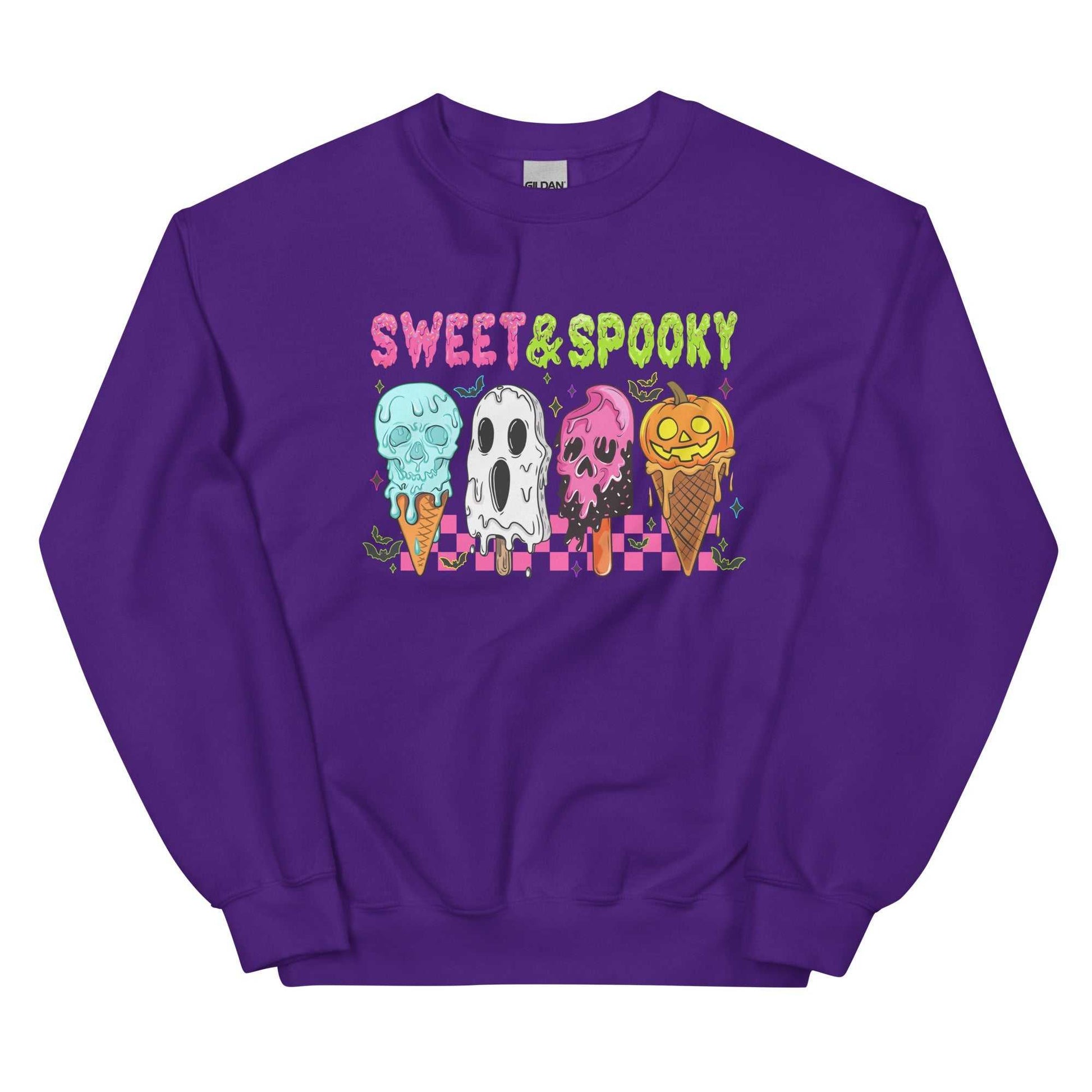 Purple unisex sweatshirt with Sweet & Spooky Halloween ice cream graphic design