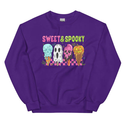 Purple unisex sweatshirt with Sweet & Spooky Halloween ice cream graphic design