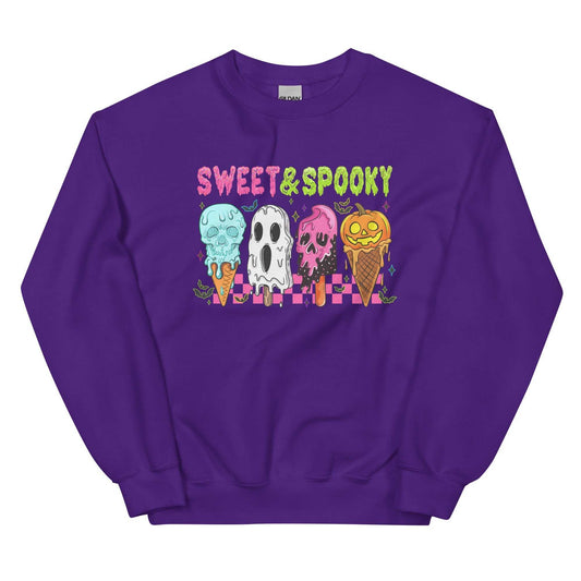 Purple unisex sweatshirt with Sweet & Spooky Halloween ice cream graphic design