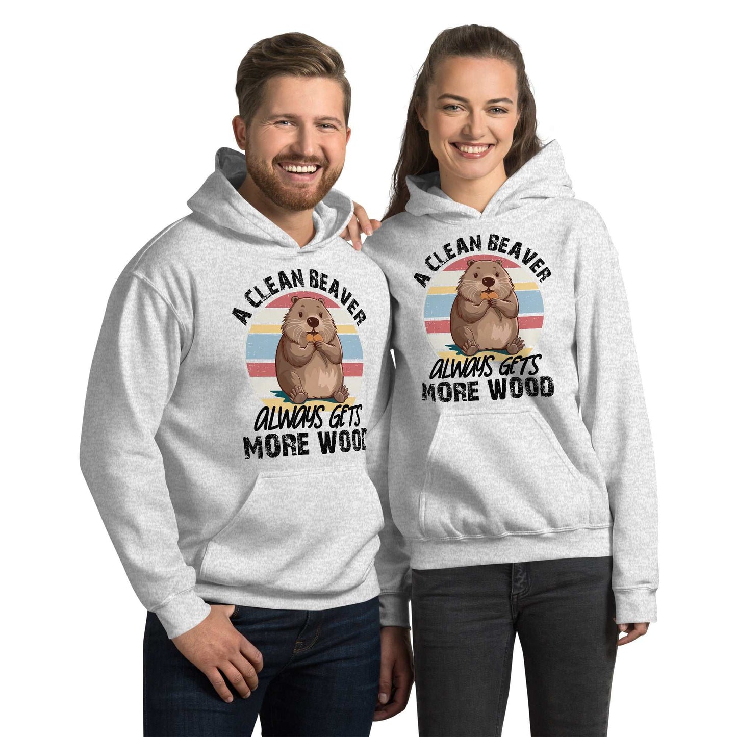 Two people wearing "Clean Beaver Hoodie" with graphic design and text.