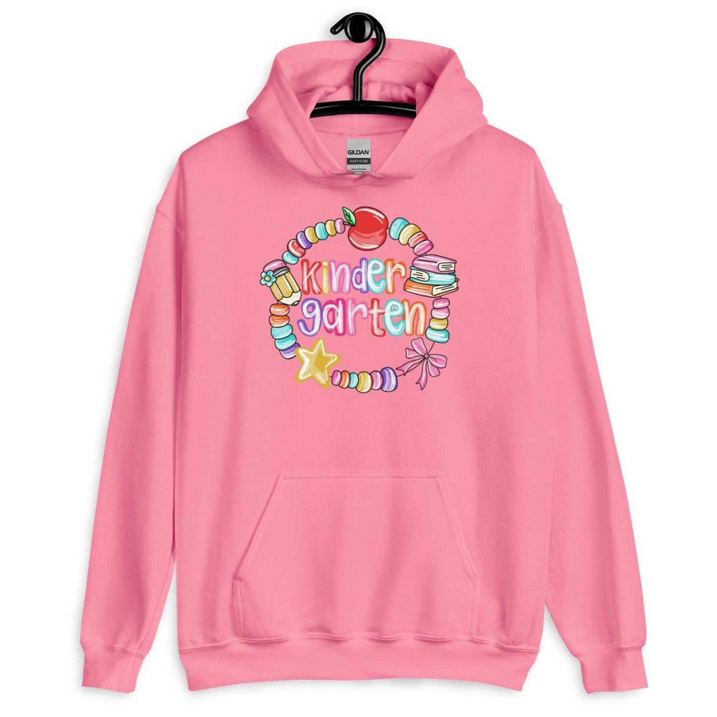 Pink unisex hoodie with colorful kindergarten-themed graphic and front pouch pocket
