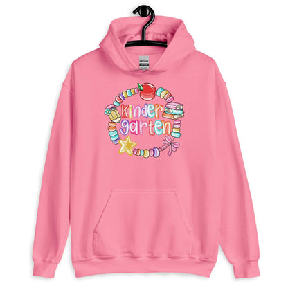 Pink unisex hoodie with colorful kindergarten-themed graphic and front pouch pocket