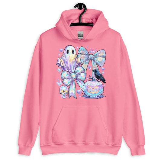 Pink unisex hoodie with Halloween-themed ghost, bows, pumpkin, skull, and crow graphic design and front pouch pocket.