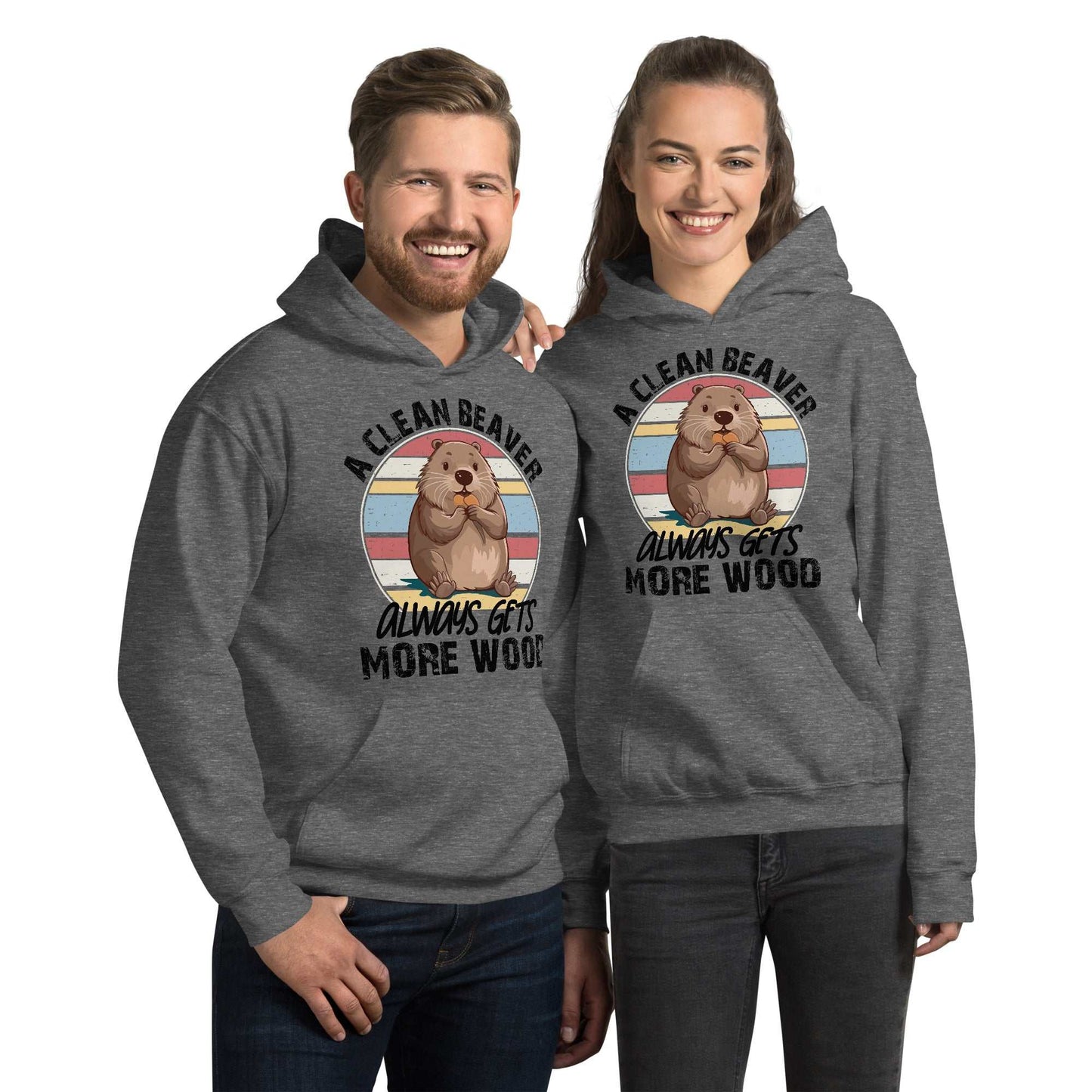 "Cozy Clean Beaver Hoodie worn by two people, featuring stylish design and comfortable fit."