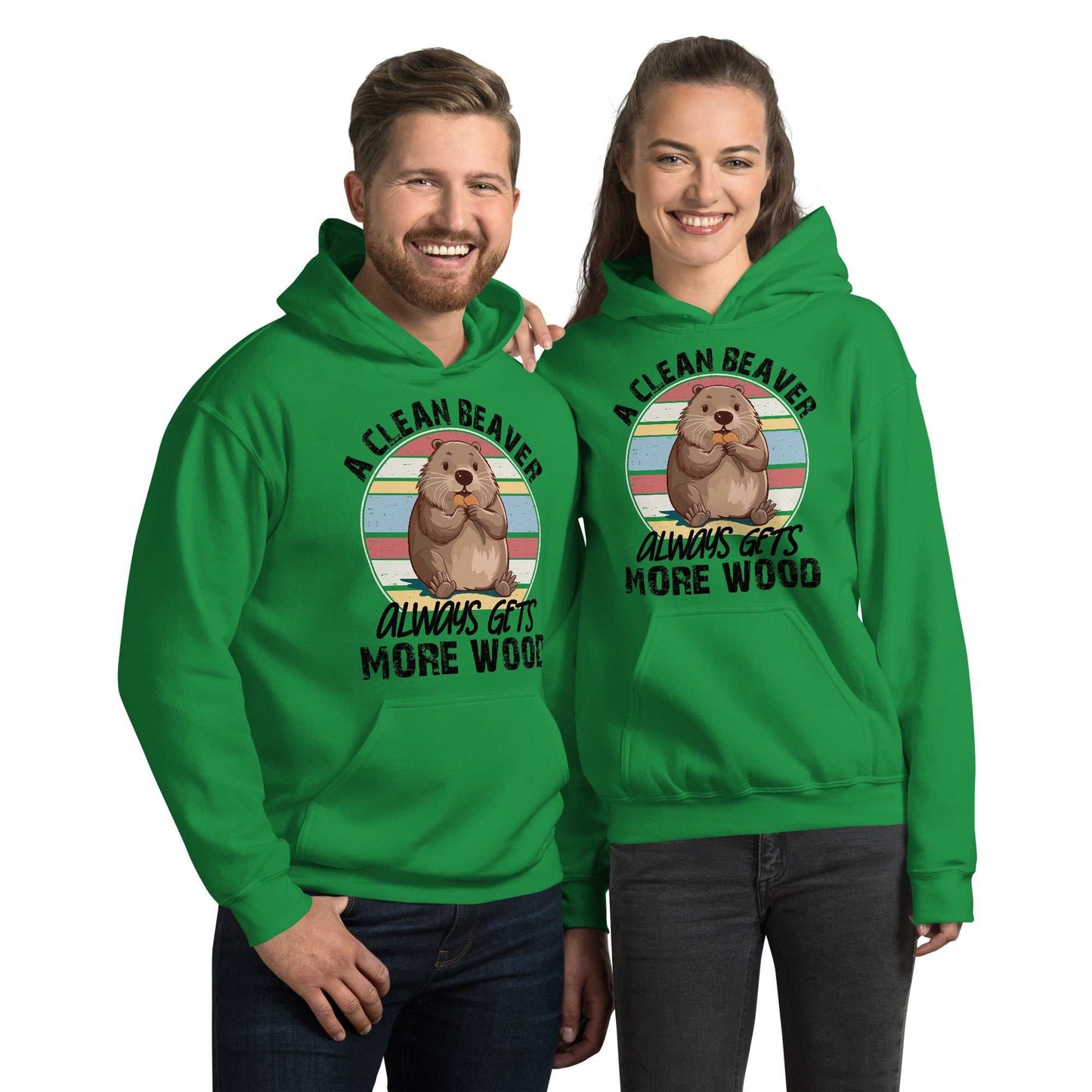 Green Clean Beaver Hoodie with playful beaver graphic and text; soft, stylish, ideal for cooler evenings.