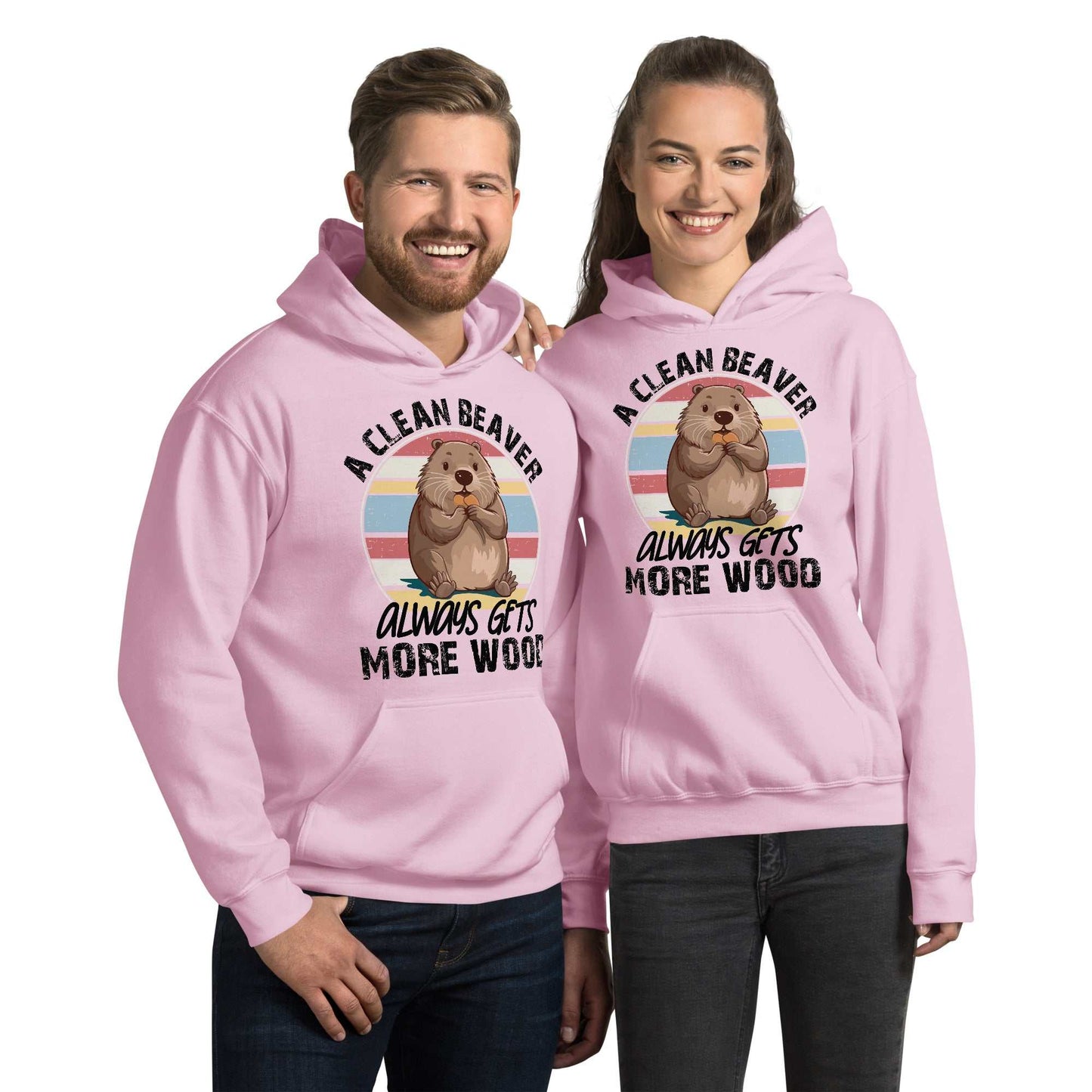Pink Clean Beaver Hoodie featuring playful beaver graphic and text design.
