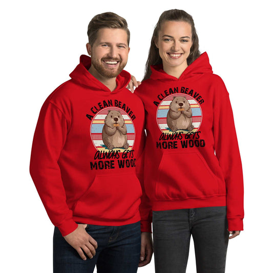 Red Clean Beaver Hoodie featuring playful beaver graphic, worn by a man and woman.