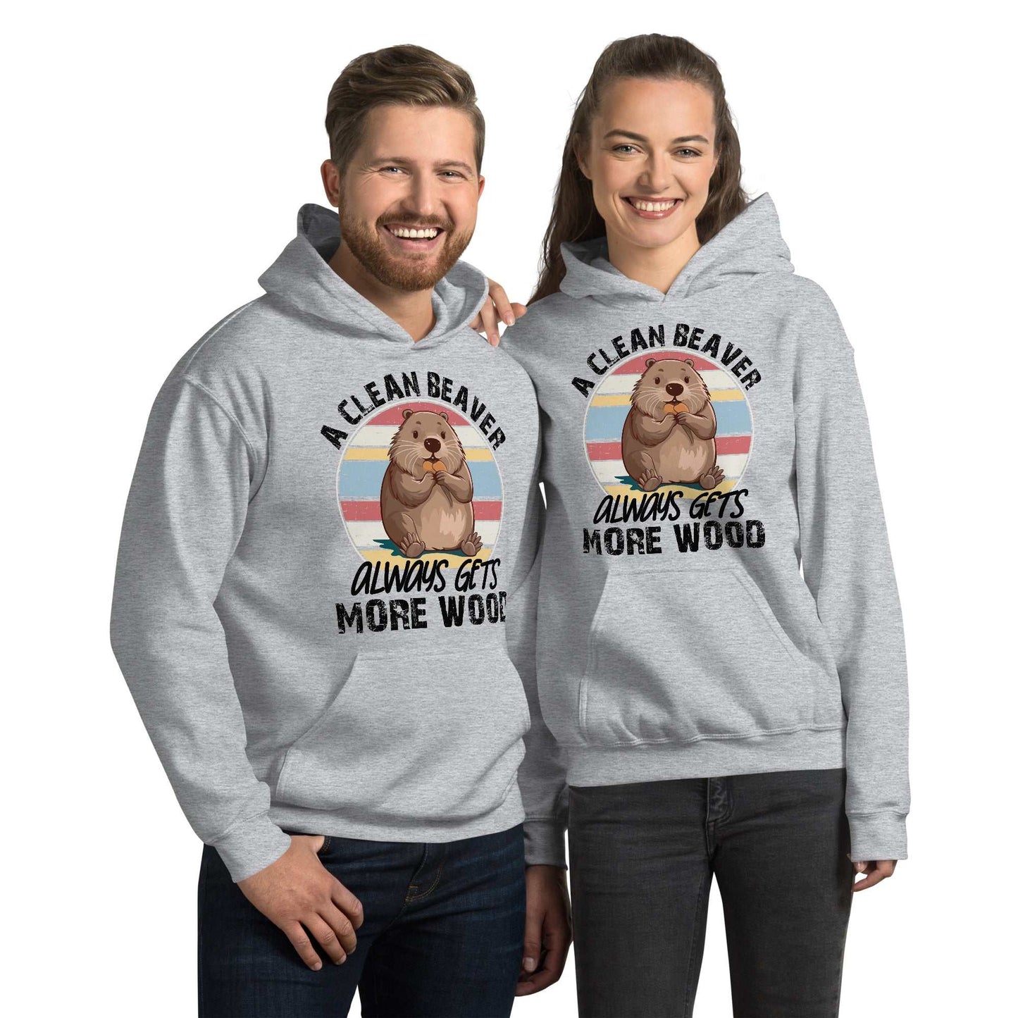 Matching couple wearing cozy Clean Beaver Hoodies with beaver graphic and witty text design.