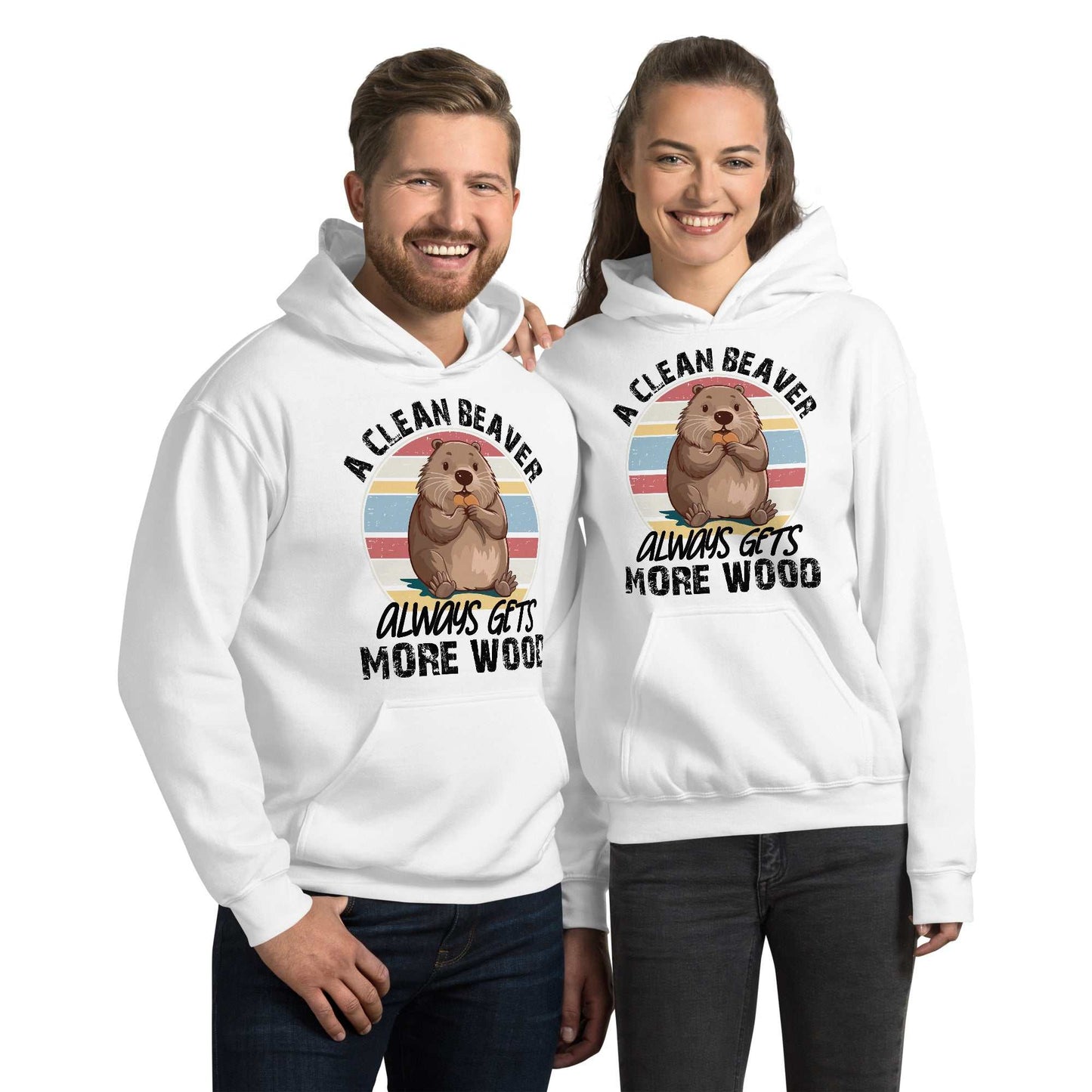 Couple wearing white "Clean Beaver Hoodie" with playful graphic design.
