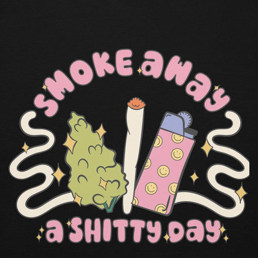 Unisex hoodie with "Smoke Bad Day Away" design, featuring playful imagery.