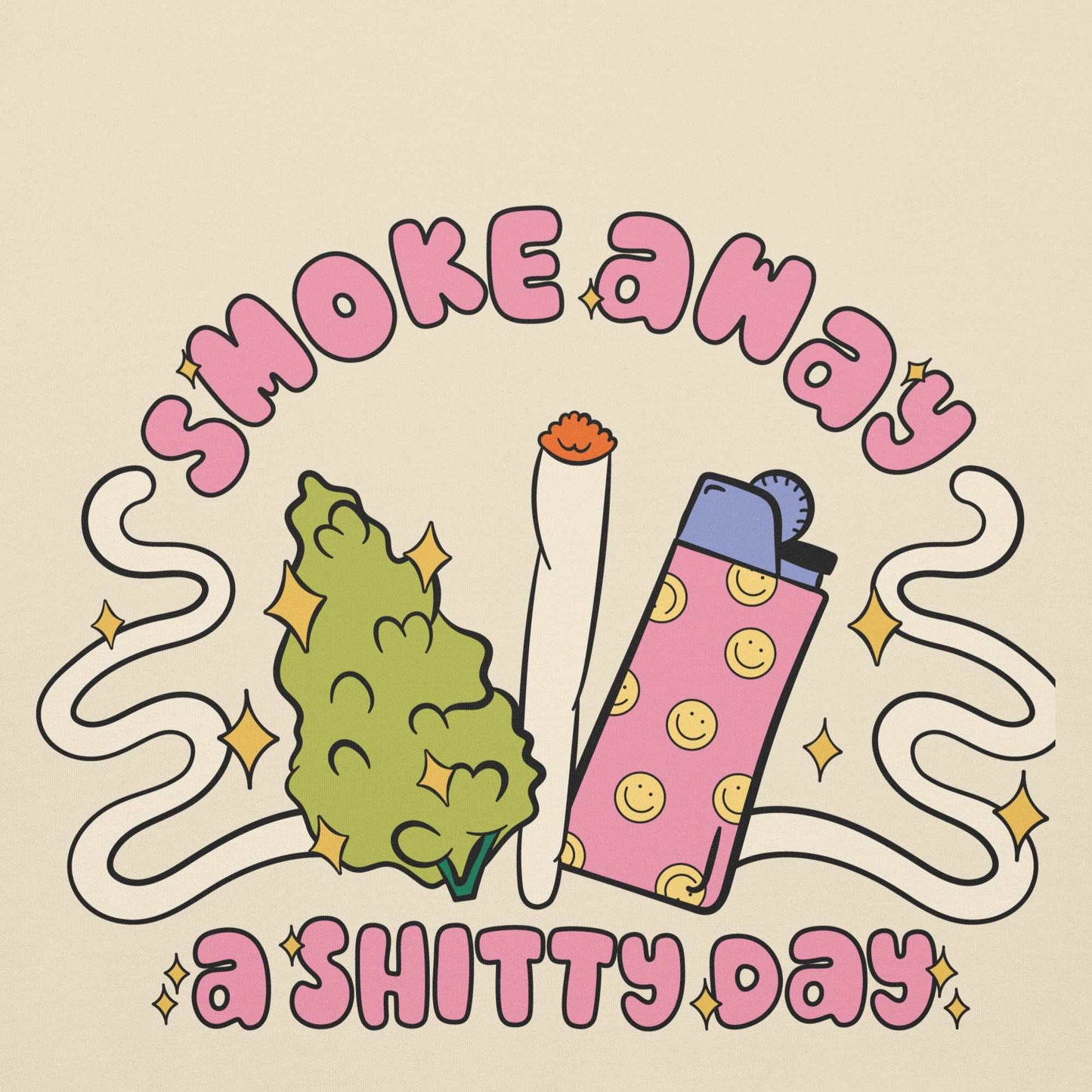 Smoke Bad Day Away unisex hoodie design with cannabis leaf, joint, and lighter illustration.