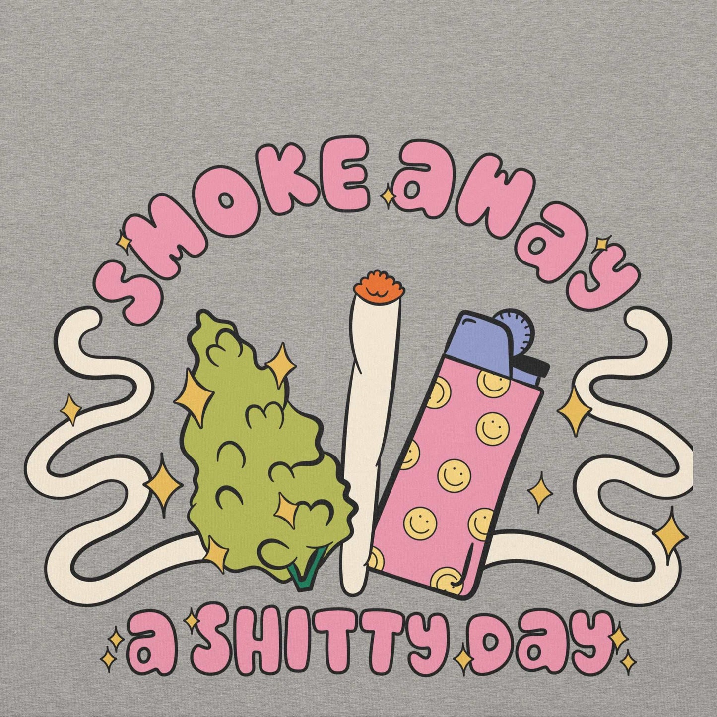 Unisex hoodie with "Smoke Bad Day Away" graphic design, soft cotton blend, pouch pocket.