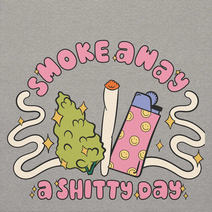 Unisex hoodie with "Smoke Bad Day Away" graphic design, soft cotton blend, pouch pocket.