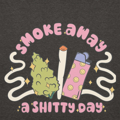 Unisex hoodie with "Smoke Bad Day Away" design, featuring cartoon cannabis and a lighter.