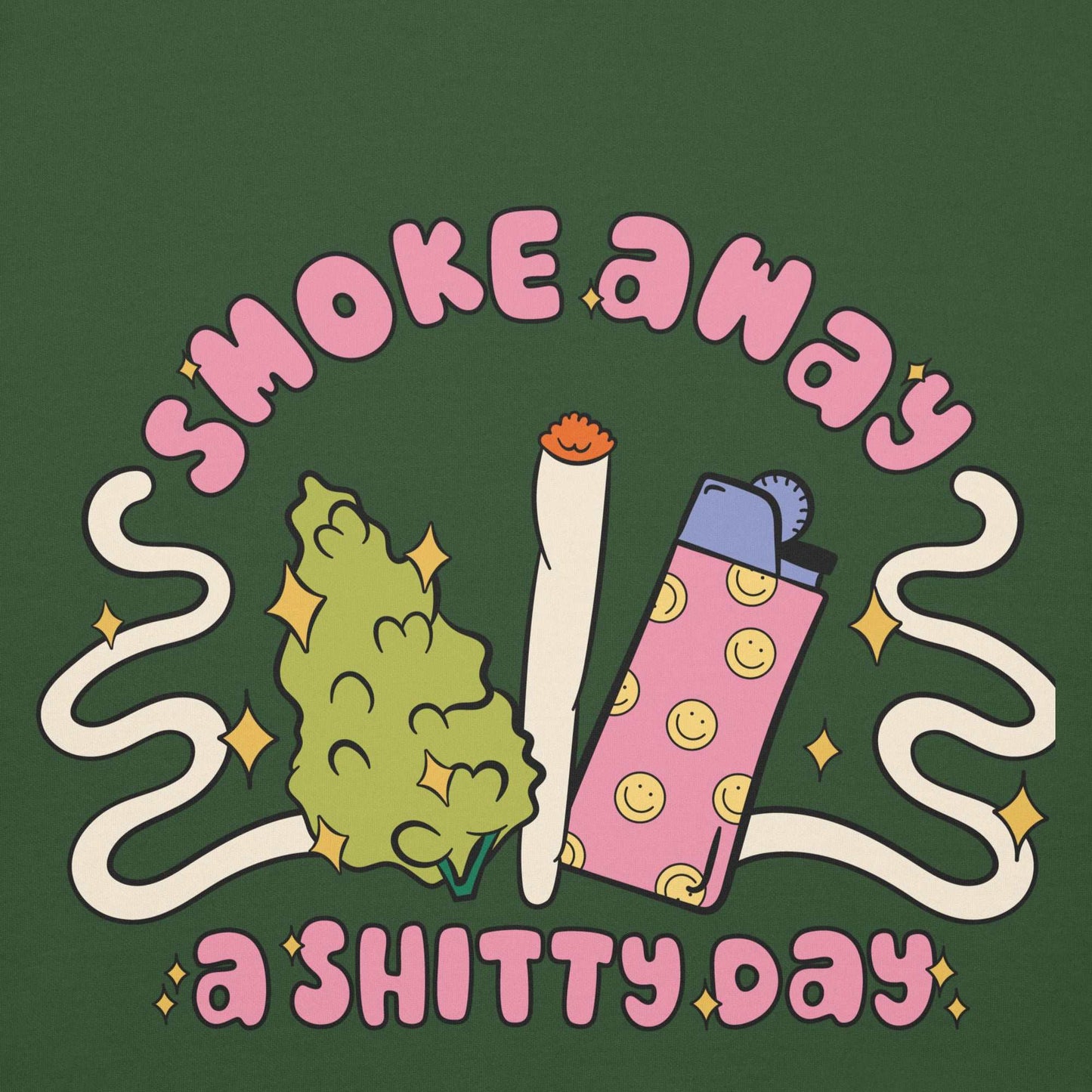 Unisex hoodie with "Smoke Away a Shitty Day" design, featuring cannabis leaf, joint, and lighter graphics on a green background.