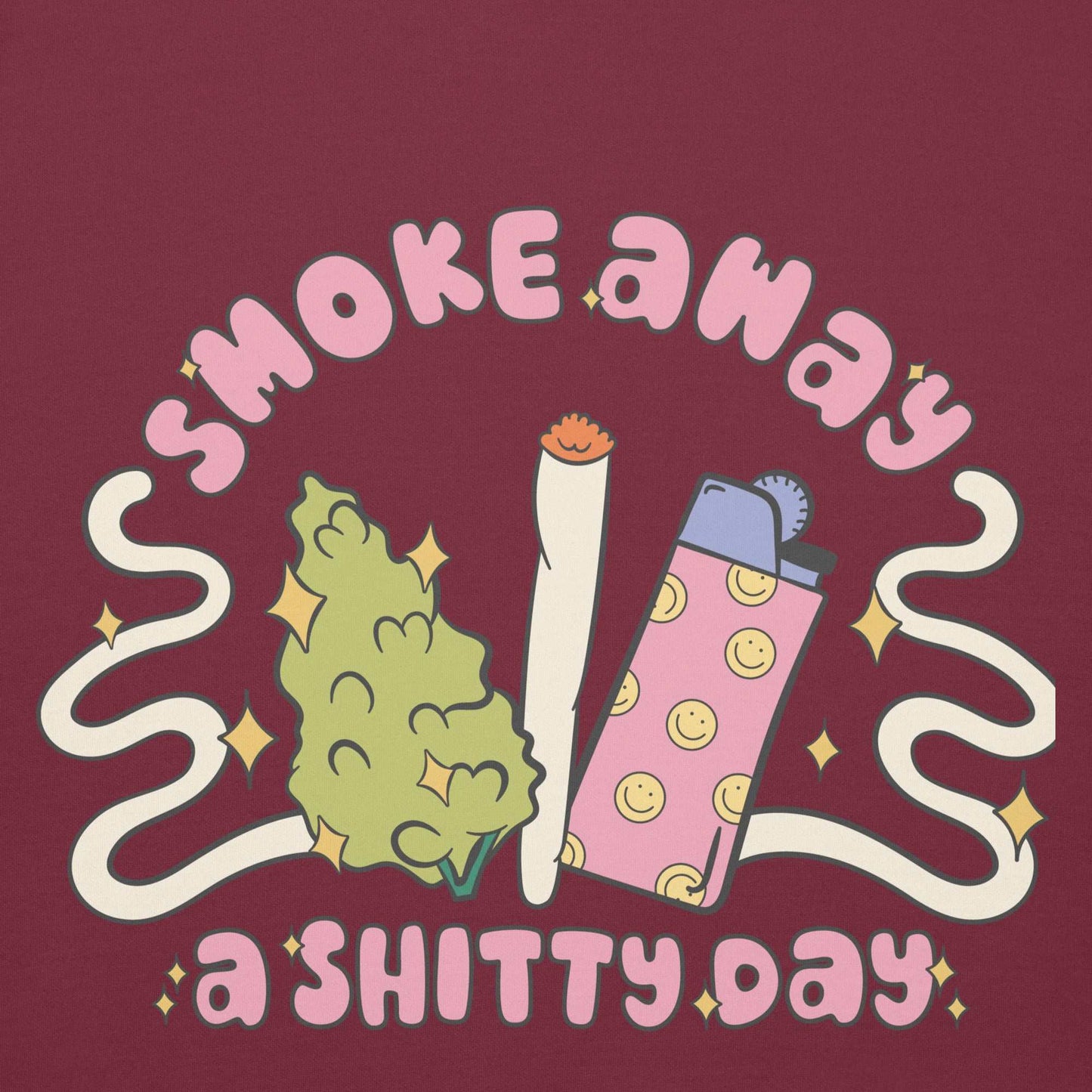 Unisex hoodie with "Smoke Bad Day Away" design, featuring cannabis, joint, and lighter graphics.