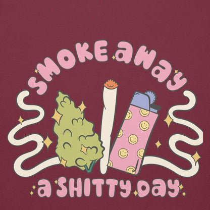 Unisex hoodie with "Smoke Bad Day Away" design, featuring cannabis, joint, and lighter graphics.