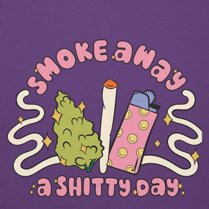 Colorful hoodie design with smoke, lighter, and text "Smoke Away a Shitty Day" in bold, playful font.
