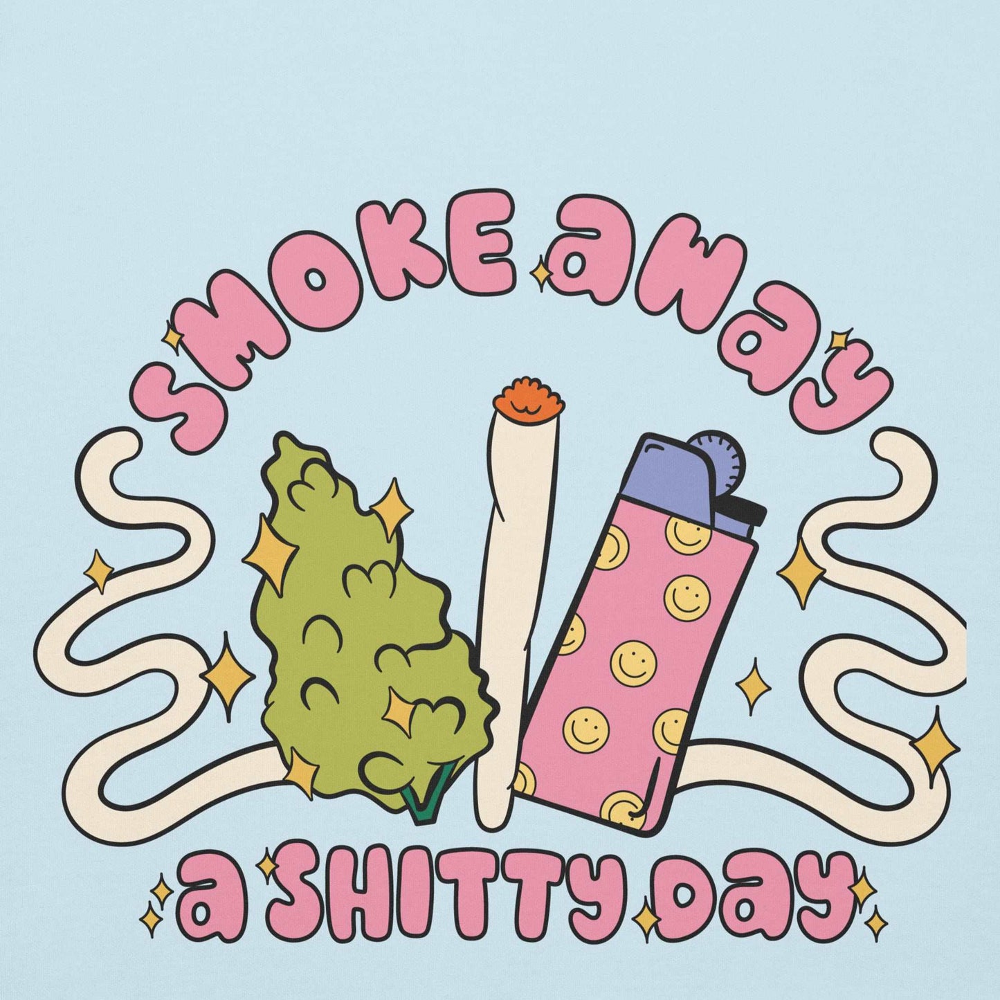 Smoke Bad Day Away hoodie with a vibrant, playful design featuring a cigarette, lighter with smiley faces, and abstract smoke swirls.