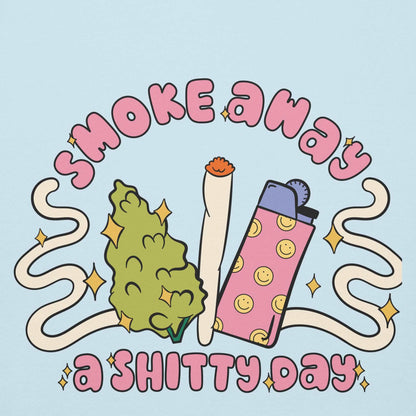 Smoke Bad Day Away hoodie with a vibrant, playful design featuring a cigarette, lighter with smiley faces, and abstract smoke swirls.