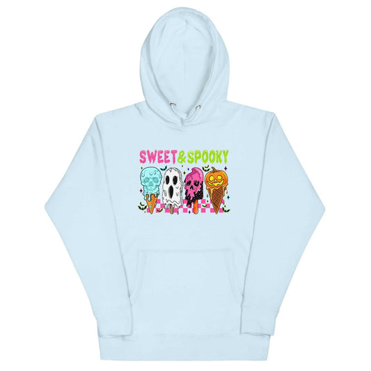 Light blue unisex hoodie with colorful "Sweet & Spooky" ice cream graphic and front pouch pocket.