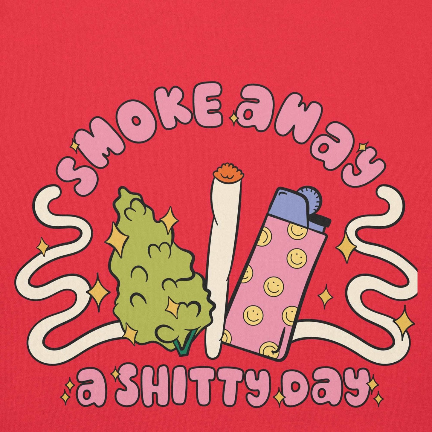 Unisex hoodie with "Smoke Away a Shitty Day" design featuring colorful graphics of a lighter, joint, and greenery motif.