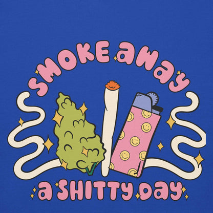 Unisex hoodie with "Smoke Bad Day Away" graphic design, featuring a lighter and smoke illustration.
