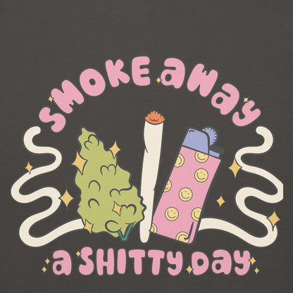 Unisex hoodie with playful "Smoke Away a Shitty Day" design, featuring cannabis and a lighter illustration.
