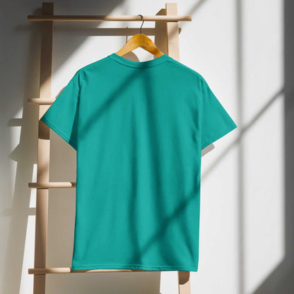 Saggin Still Gaggin DryBlend® T-Shirt hanging in sunlight, turquoise color, modern classic fit.