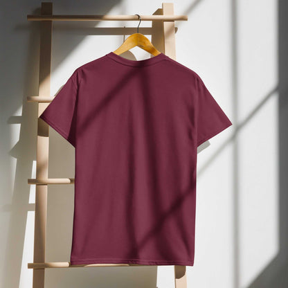 Saggin Still Gaggin DryBlend® T-Shirt in burgundy on hanger, showcasing modern classic fit and moisture-management fabric.