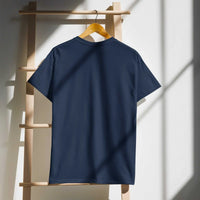 Saggin Still Gaggin DryBlend® T-Shirt on hanger, modern classic fit, moisture-management fabric, navy color.