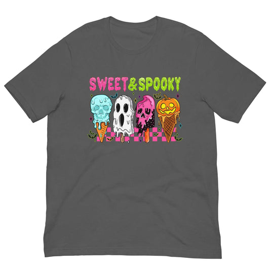 Unisex dark gray t-shirt with colorful "Sweet & Spooky" ice cream cone Halloween design, soft lightweight cotton fabric.