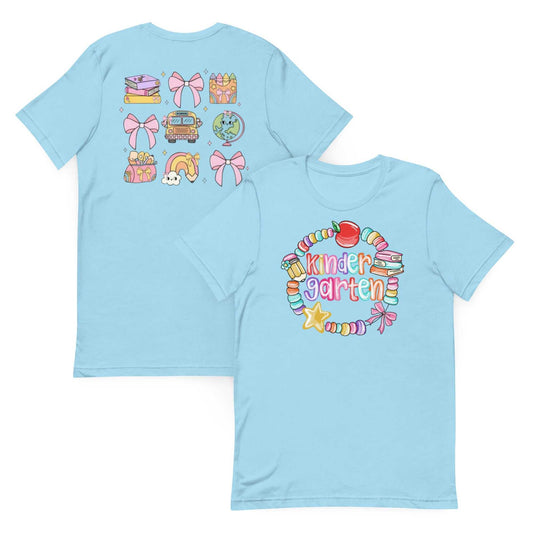 Light blue unisex t-shirt with colorful kindergarten-themed designs on front and back, soft and lightweight cotton fabric.