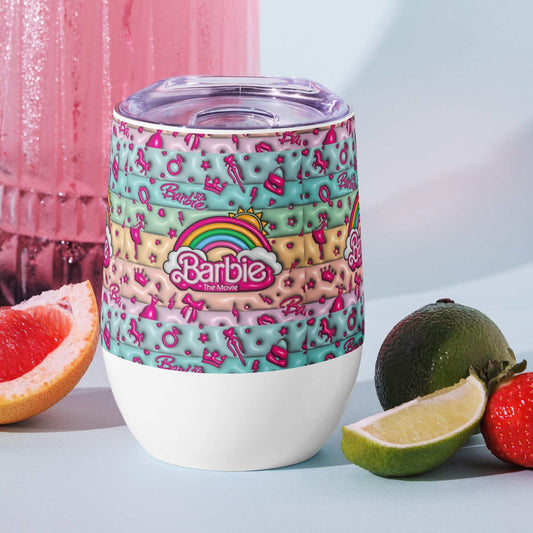 Colorful Barbie-themed wine tumbler with double-wall stainless steel and spill-resistant lid