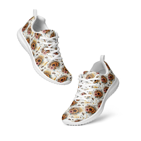 Women's athletic shoes with floral pattern, lightweight polyester flyknit, breathable lining, padded collar, and rubber outsole.
