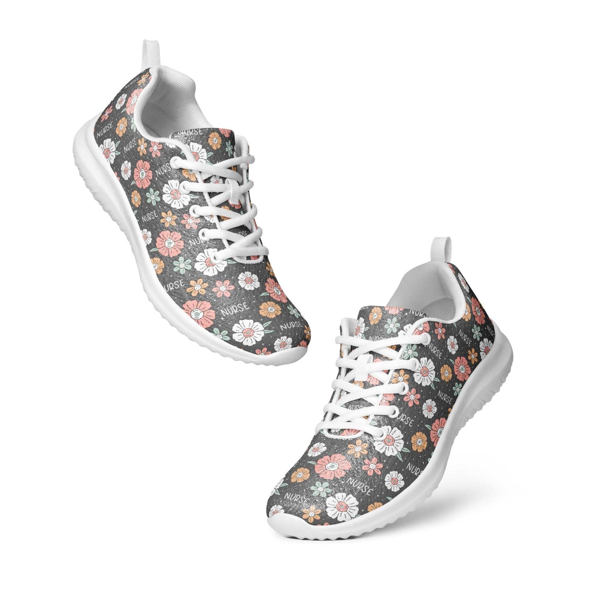 Women's athletic shoes with a lightweight floral flyknit design, breathable lining, padded collar, lace-up front, and rubber outsole
