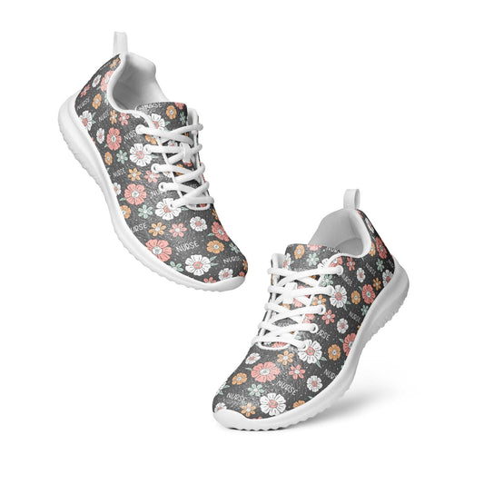 Women's athletic shoes with a lightweight floral flyknit design, breathable lining, padded collar, lace-up front, and rubber outsole