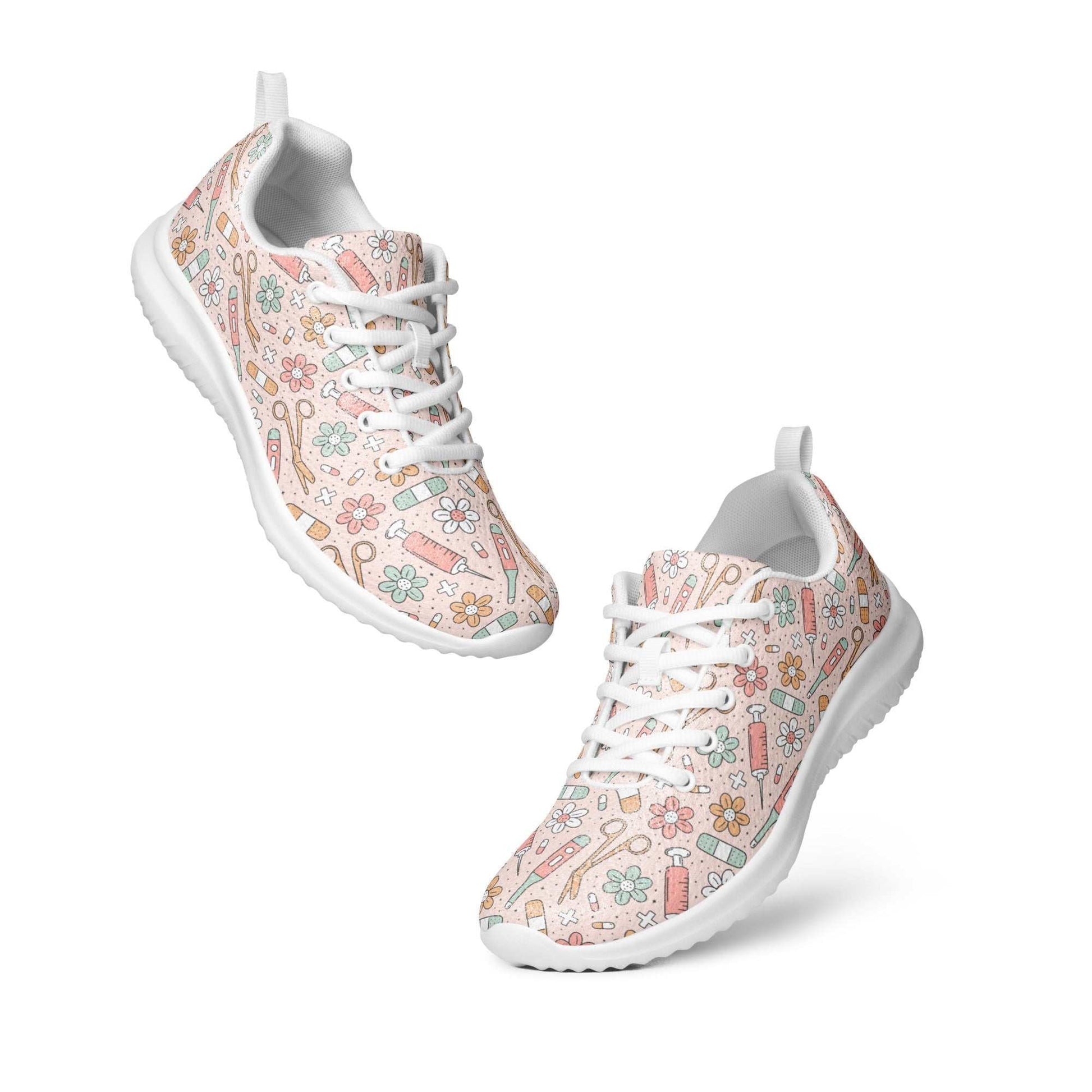 Lightweight women's athletic shoes with white soles and pastel floral and abstract pattern, breathable lining, padded collar, and lace-up front for comfort and style