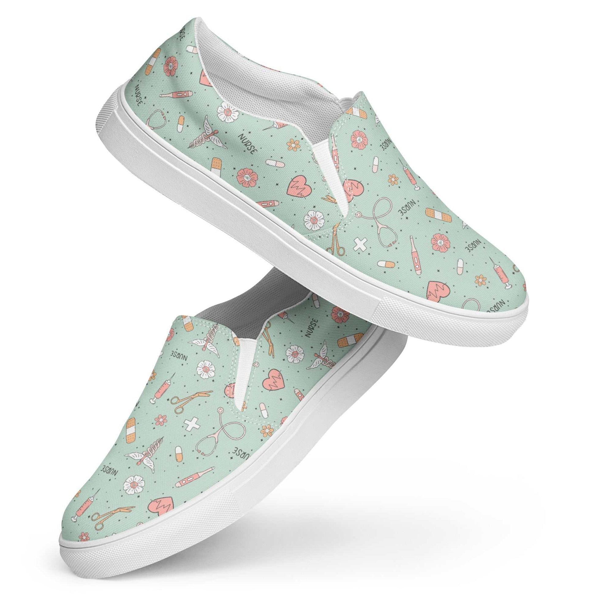 Women’s slip-on canvas shoes with pastel green background and cute healthcare-themed illustrations, featuring white rubber outsoles and elastic side accents for easy wear.